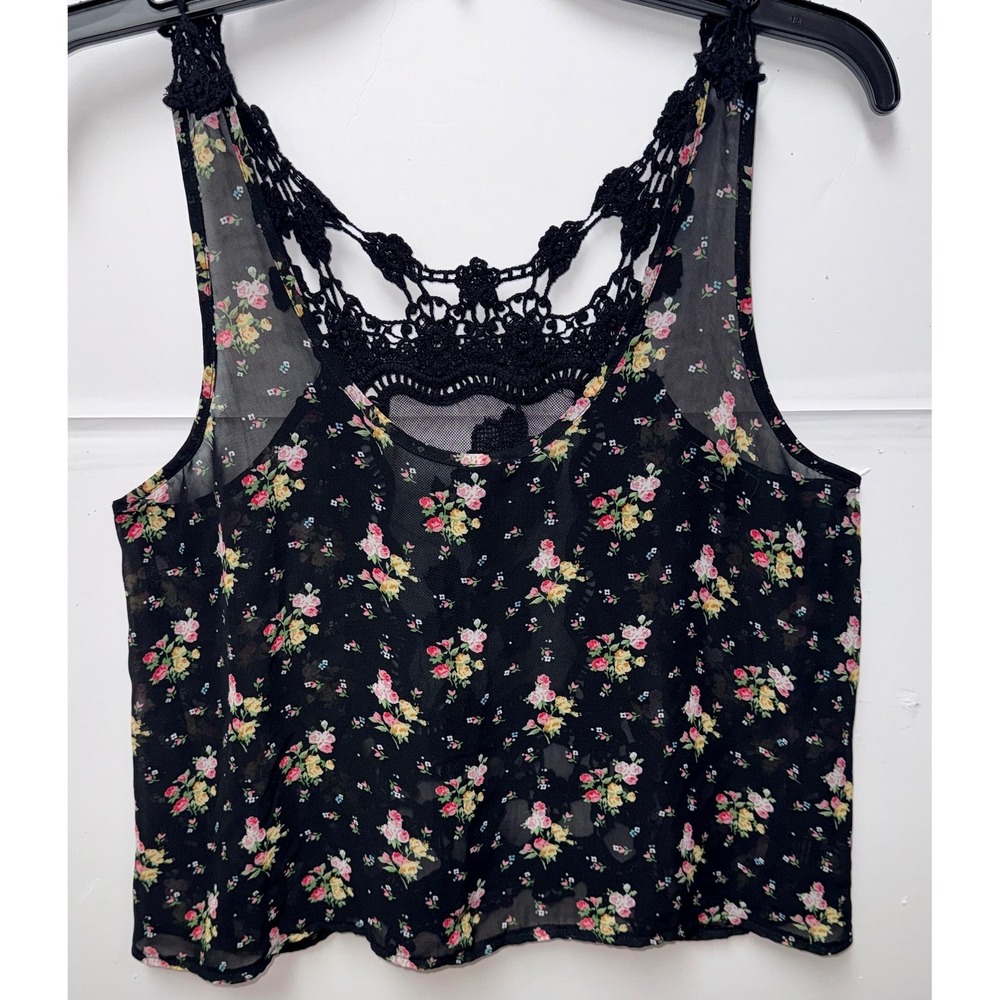 Iris Basic Floral Mesh Crop Top S Black CrochetLace Back Goth Fairy Festival Y2K